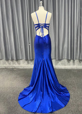 Jamie | Mermaid Royal Blue V Neck Spaghetti Strap Beaded Formal Dress with Slit - Royal Blue - PromDressClub
